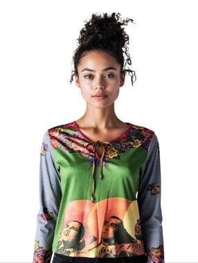 Jane Doe Eclectic Beaded Y2K Style Lace Front Long Sleeve Funky Printed Top